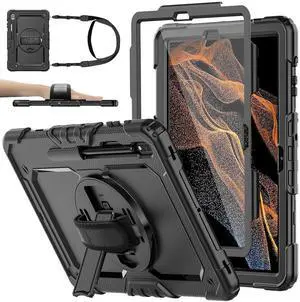 BASE MALL Case for Samsung Galaxy Tab S8 Plus 2022/S7 FE/S7 Plus 5G 12.4-inch Tablet Case Protective [with Screen Protector], Rotatable Kickstand, S Pen Holder, Hand/Shoulder Strap (Black)