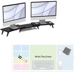 loukin 17.32"*9.84" Dual Monitor Stand Riser for Desk (Black) | 32"x14" Erasable Dry Erase Desk Mat