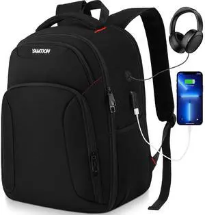 YAMTION Backpack for Men Laptop Backpack with USB Charging Port for Work,School Backpack Waterproof for Teen Boys, Black Travel Backpack