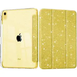 Lepeoac Sparkly Case for iPad 11 inch A16 2025 Generation 11th / iPad 10.9 inch 2022 10th Gen, Buit in Pencil Holder with Glitter Transparent Back Cover Trifold Stand Auto Wake/Sleep, Sparkly-Golden
