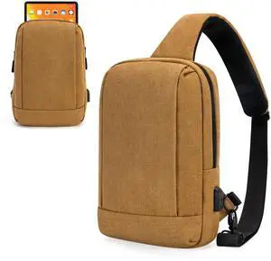 For 9-11 Inch iPag Bag Tablet Bag with USB Charing Port and Adjustable Shoulder Strap Tablet Carrying Sleeve Fit for 11 Inch iPad Air, iPad Pro, iPad Mini (Canvas, Brown)