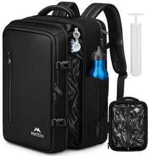 MATEIN Personal Item Vacuum Backpack with Pump, Waterproof Underseat Carry on Backpack with Vacuum Seal Compression for Airplane, TSA Flight Approved Air Travel Suitcase Bag Fits 17 inch Laptop, Black