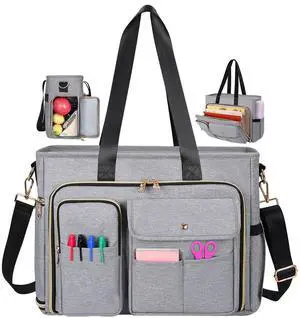 ESTARER Teacher Tote Bag Women 15.6 inch Laptop Bag for Work with Accordion File Organizer & Insulated Pocket, Professional Computer Messenger Shoulder Bag Briefcase for Office/College/Nursing (Grey)