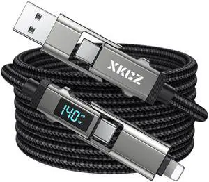 4 in 1 USB C Cable with Wattage Display, 140W Round Nylon Braided Multi Charging Cable with Data Sync, USB C Charging Cord Combo Type C/USB A/iPhone Port for iPhone/iPad/Samsung/Laptop, 3FT