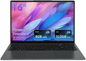 Auusda 16 Inch Laptop Computer, Ryzen 3 3250U, 8GB DDR4 RAM 512GB SSD, IPS 1920x1200 Display, Win 11, Backlit Keyboard, Dual-Band WiFi, Type-C, Lightweight Notebook for Work and Study
