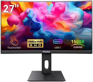 Pisichen Curved 27 Inch Touchscreen Monitor, QHD 2K 2560x1440 85Hz Computer Monitor, 99% sRGB, Built-in Adaptive Sync, with Display Port HDMI, Eye Care, VESA