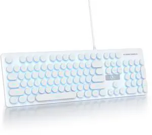 iRoboosta Retro Typewriter White Keyboard Full Size, 104 Keys LED Backlit Wired Membrane Keyboard with Number Pad, Ultra Slim Quiet Home/Office Computer Keyboard for PC, Laptop, Desktop (White)