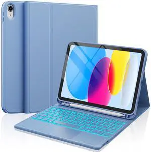 CHESONA for iPad 10th Generation Case with Keyboard, 2 Wireless Channels for iPad (A16) 11th/10th Gen (2025/2022), Backlight, Flip Stand Case with Pencil Holder, Multi-Touch Trackpad, Blue Gray