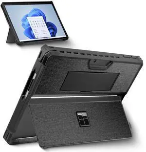 Case for 13 Inch Microsoft Surface Pro 9 / Pro 9 5G Protective Rugged Cover Case, with Hand Strap, Bracket Protection, PU Leather appliqué Compatible with Type Cover Keyboard, Black