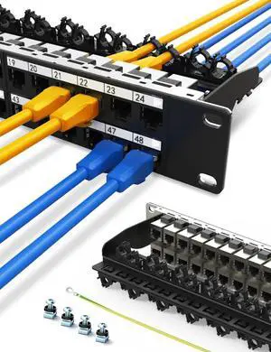 Enmane 1U48Port Keystone Patch Panel Cat6A Keystone Patch Panel Shielded with Cable(No Cable Tie Required) Management for 19inch Rackmount