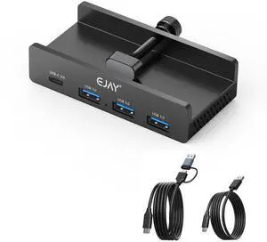 EJAY Mountable 4Ports USB3.0 HUB Alu Desktop Clamp Type C USB3.0 Splitter for Desk/Monitors with Extra Power Supply Port,59inches Data & 39inches Power Cables-5Gbps(3A1C) (JK-3A1C-BK)