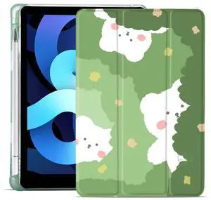 MAYCARI White Cartoon Bear Case for iPad 10.2 inch 2021/2020/2019 with Pencil Holder, Cute Animal iPad 9th/8th/7th Generation Protective Case with Soft TPU Back, Auto Sleep/Wake Cover Slim Shell