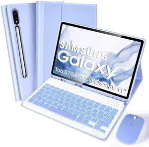 SOPPY Backlit Keyboard Case with Mouse for Samsung Galaxy Tab S7/S8/S9/S9FE/S10FE 11 inch, 7 Color Backlight, Detachable Keyboard Magnetic Case with S Pen Slot, Purple