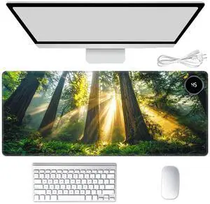 Heated Mouse Pad Hand Warmer, Warm Desk Pad Mousepad Desk Mat with 3 Levels Heating and Auto Shut Down 31.5 x 13 inch PU Leather Warmer Keyboard Mat for Gaming Office Home, Forest Tree Sunshine