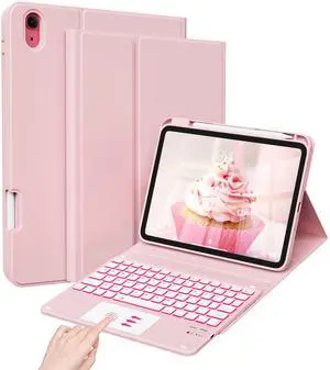 JKSML Case for iPad 10th/11th (A16) Gen with 7 Colors Backlight Touchpad Keyboard and Pencil Holder, Detachable Wireless Bluetooth Trackpad Keyboard, 3 Adjustable Angles, 10.9inch/11inch Case, Pink