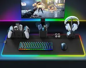 KDD RGB Gaming Mouse Pad with Magnetic Organizer Set - 8 in 1 Desk Keyboard Mat with Desktop Storage for Headset & Controller Stand/Remote Holder/Pen Holder/Cable Management for Gamer Accessory Setup
