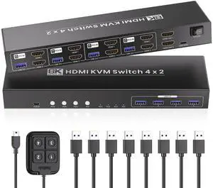 8K@60HZ 4K@120Hz HDMI KVM Switch 2 Monitors 4 Computers with 4 Port USB 3.0 Hub, 4 Port Dual Monitor HDMI KVM Switch for 4 Computers Share 1 Set of Keyboard, Mouse and 2 Monitors
