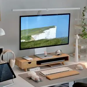 ROCDEER Bamboo Monitor Stand Riser with Drawer, Ergonomic Computer Riser for Desk with Cable Management & Storage Organizer, Wood Monitor Stand for Home Office