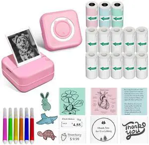 Aptika Sticker Printer - Mini Printer with 14 Rolls Self-Adhesive Papers, Pocket Label Maker for iPhone/Android, Bluetooth Thermal Machine for Students Children Birthday, Pink