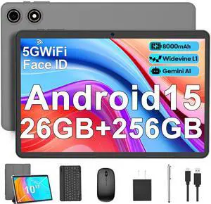 Android 15 Tablet with Keyboard - 26GB RAM + 256GB ROM, 2TB Expand, 10 inch 2-in-1 Tablets with 5G/2.4G WiFi, 8000mAh, BT5.0, 5MP+13MP, Split Screen, Widevine L1, Mouse, Case, Stylus,(Silver Case)
