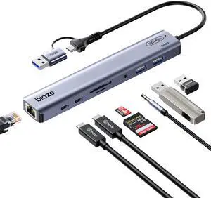 BIAZE 9-in-1 USB/USB C Hub Adapter for MacBook, iPhone,3 USB Ports (2xUSB 3.0, USB 2.0), 100M Ethernet, SD/TF Card Reader, 3.5mm Audio, 2X USB-C Data Ports,No Driver Required