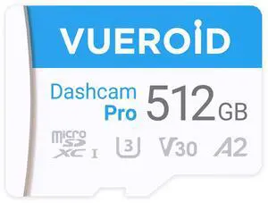 Vueroid 512GB Dashcam Pro microSD Card with Reader Adapter, C10, V30, UHS-I, Class 10, A1, High Speed Memory Card for 4K UHD Video, Read Speed up to 100 MB/s microsdxc