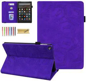 Dteck Case for Kindle Fire HD 10 Case 9th/7th/5th Generation 10.1" (2019/2017/2015),Premium Embossed Leather Folio Stand Protective Cover with Card Holders Elastic Band for Fire HD 10.1" Tablet,Purple