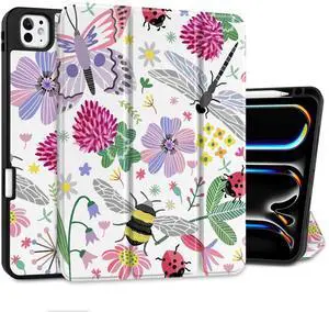DONGKE Case for iPad Pro 11 inch (M5 2025 / M4 2024, 6th & 5th Generation)  [Built-in Pencil Holder] Ultra Slim PU Leather Trifold Stand Cover with Soft TPU Back, Auto Wake/Sleep, Dragonfly