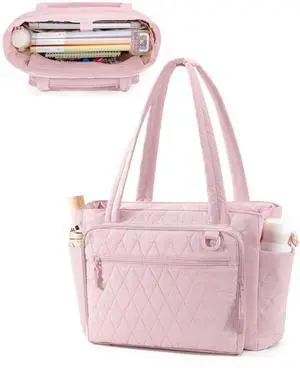 Yarwo Teacher Tote Bag with Accordion File Organizer Pocket, Ultralight Quilted Tote Bag for Women, 15.6 inch Laptop Work Handbag with Multiple Pockets for Daily Travel College Office Gym, Pink