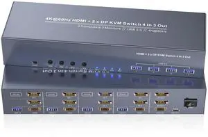 4K60Hz HDMI + 2 x Displayport KVM Switch 3 Monitors 4 Computers, USB3.0 Triple Monitor HDMI DP KVM Switch 4 Port for Managing 4 PCs with 1 Set of Keyboard, Mouse and 3 Monitors Setup