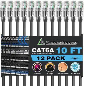 CableGeeker Patch Cables Cat6a 10ft (12 Pack) Slim, Cat6 Ethernet Patch Cable 10G Support, Snagless RJ45 Cat 6 Patch Cable for Patch Panel to Switch, Flexiable Network Cable - 10 Feet Black