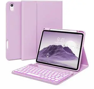 kenke Case for iPad (A16) 11-inch 2025 / 10th Generation 10.9-inch 2022 with Keyboard, Stand Folio Cover with Pencil Holder, 7 Color Backlit Detachable Wireless Keyboard, Purple