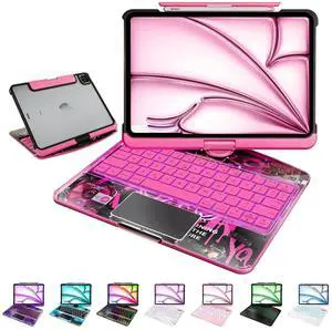 MAYDORHER for iPad Pro 13 Inch Case with Keyboard, 360 Rotating for iPad Pro M4 Magic Keyboard with Cyberpunk High-tech Style, Pressure Reduction Sound Effect, 7 Colors Backlight, Transparent Pink