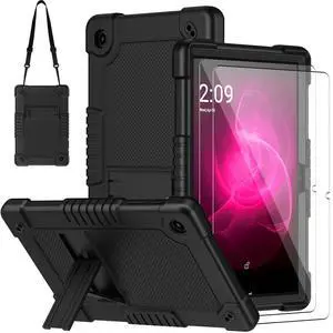 Case for T-Mobile Revvl Tab 2 2025 Released 10.1 inch Tablet with 2 PCS Screen Protector,Heavy Duty Shockproof Built in Kickstand Shoulder Strap Cover for Revvl Tab 2 (Black+2Pcs Glass)