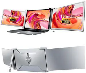15'' Laptop Screen Extender, 1080P FHD Ultra-Thin Portable Monitor for 15"-17" Laptop with USB-C/HDMI Port, Plug and Play, for Mac/Windows/Android, Triple Screen Ideal for Remote Work & Multitasking