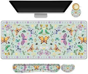 ARTSO Desk Mat Set, Aquamarine Extended Gaming Mouse Pad with Wrist Rest Support +Keyboard Wrist Rest +Coaster, Large Cute Butterfly Mousepad for Office, Home
