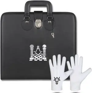 SialkotCrafts Masonic Black Master Mason Pavement Pillars Soft Apron Case With Embroidered Gloves - Blue Lodge MM/WM Provincial (Size 16/18) Beautiful Embroidered Logo