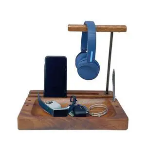 WRIGHTMART Solid Acacia Wood Multiple Headphone Stand  Multi-Device Holder for iPad, iPhone, Tablets & Phones, Desk Organizer with Tray, Pen & Pencil Holder, 1.5" Thick Base, Wooden Tech Dock