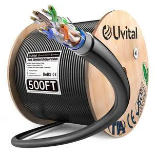 Uvital Cat6 Direct Burial Ethernet Cable 500FT, 23AWG Solid Bare Copper | Waterproof, UV Resistant LLDPE Jacket | FTP, 550MHz, 10 Gigabit | Outdoor, Black