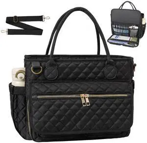 Teacher Tote Bag 15.6 Inch, Large Work Tote Bag With Laptop Compartments, Quilted Women Messenger Bag With Shoulder Strap for Office/Travel/School/Nursing Supplies Organizer,Black
