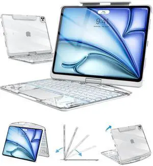 Transparent Keyboard Case for iPad Air 11-inch (M3 2025/M2 2024) & 10.9" iPad Air 4/5th & iPad Pro 11" (4th/3rd/2nd/1st Gen), 7-Color Backlit Wireless Keyboard with Trackpad and 360° Rotating, White