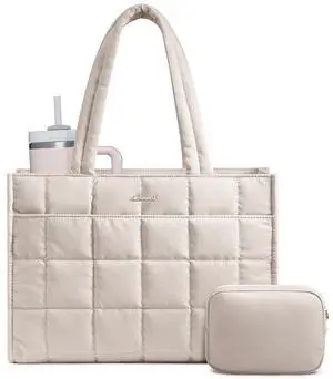 LOVEVOOK Tote Bag for Women, Puffer Work Handbag 15.6 Inch Laptop Purse for Nurse Teacher, Large Quilted Travel Tote Shoulder Bag with Zipper for College Office Clinical Gym, Off white