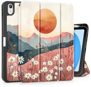 May Chen for iPad (A16) 11th Generation Case 11 Inch 2025, iPad 10th Gen Case 2022 10.9 inch, Trifold Stand with Auto Wake/Sleep Soft TPU Protective Stand Back Cover, Mountains Daisies