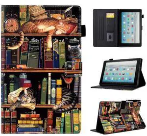 BYCeKe Case for Fire HD 10 Tablet (9th/7th/5th Generation, 2019/2017/2015 Release), PU Leather Folio Stand Cover Case for Fire HD 10 9th Generation/7th Generation, Auto Sleep Wake - Bookshelf Cat