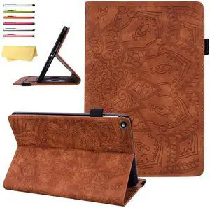 UUcovers Kindle Fire HD 8 Case (8th/7th/6th Generation, 2016/2017/2018 Release) with Pencil Holder Elastic Band Embossed PU Leather Multi-Angle Stand Folio Wallet TPU Shockproof Cover, Brown Flower