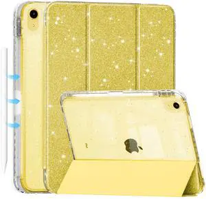 Tuiklol Sparkly Case for iPad (A16 Chip) 11th Gen 11 inch 2025 / iPad 10th Gen 10.9 inch 2022, Built in Pencil Holder with Glitter Clear Back Shell Cover Trifold Stand Auto Wake/Sleep, Yellow Gold