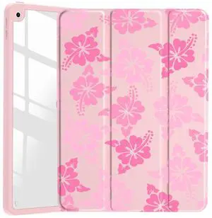 JOYLAND Pink Hibiscus Flower Pattern Case for iPad mini 7th(A17 Pro) 2024 / Mini 6th Generation 8.3" 2021,Clear Transparent Acrylic Hard Back Case with Pencil Holder Trifold Stand Tablet Cover