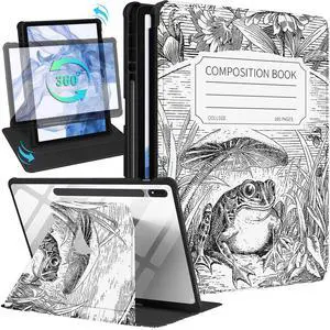 Wazzasoft for Samsung Galaxy Tab S7 Fe/S7 Plus/S8 Plus Case 12.4 Inch Folio Cover Pencil Holder Women Girls Cute Girly Frog Unique Design Rotating Tablet S8 Plus 2022/S7 Plus 2021/S7 FE 5G Cases