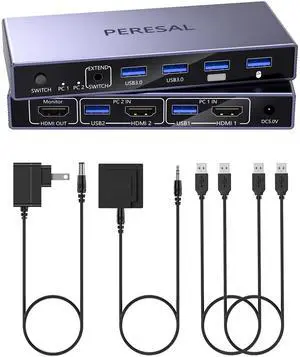 HDMI KVM Switch 1 Monitor 2 Computers, 8K@60Hz USB 3.0 KVM Switcher with 4 USB Ports for 2 Computers Share Keyboard Mouse Printer, Include Desktop Controller, 2 USB Cables and Power Adapter