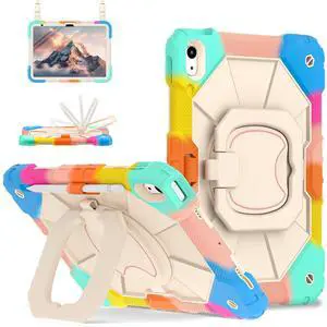 Detck Case for iPad (A16) 11th Generation 11" 2025/10th Gen 10.9" 2022: Military-Grade Drop-Proof Silicone Cover with Built-in Screen Protector, Shoulder Strap, Rotating Stand, Rainbow